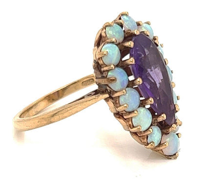 Amethyst & Opal Pear Shape 9k Yellow Gold European Ring - Size 5.5