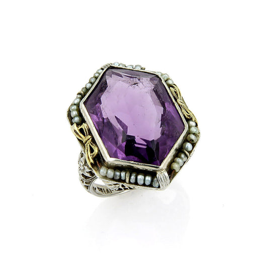 Art Deco Amethyst & Seed Pearls 18k Two Tone Open Floral Filigree Ring - Size 5.75