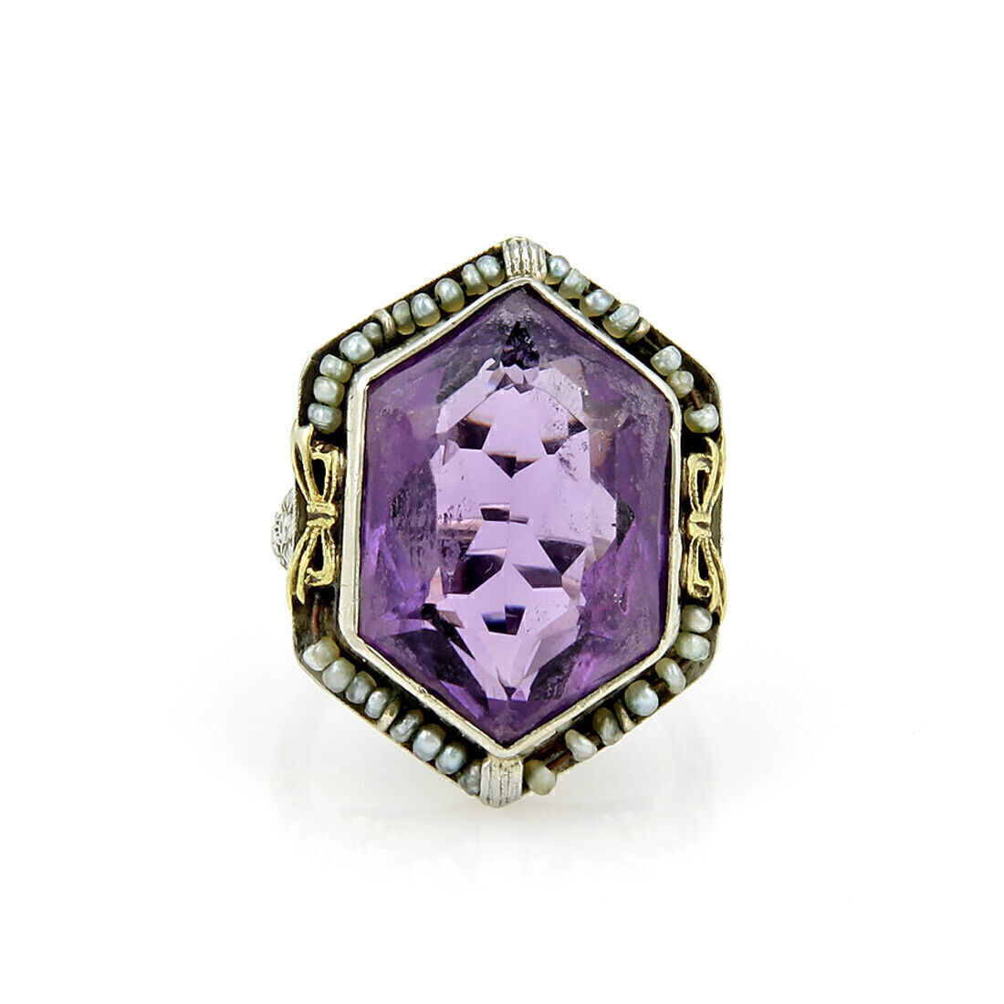 Art Deco Amethyst & Seed Pearls 18k Two Tone Open Floral Filigree Ring - Size 5.75