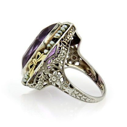 Art Deco Amethyst & Seed Pearls 18k Two Tone Open Floral Filigree Ring - Size 5.75