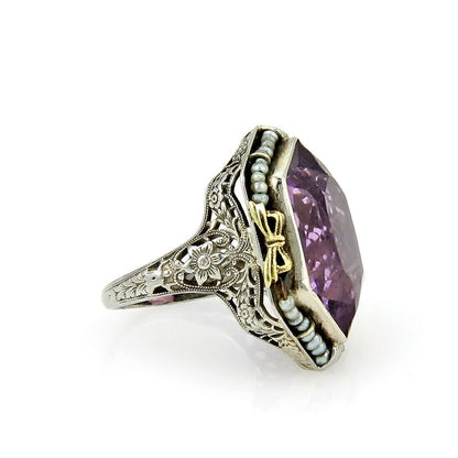 Art Deco Amethyst & Seed Pearls 18k Two Tone Open Floral Filigree Ring - Size 5.75