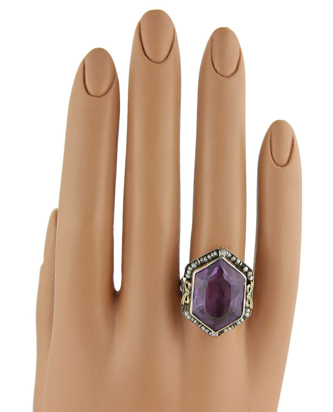 Art Deco Amethyst & Seed Pearls 18k Two Tone Open Floral Filigree Ring - Size 5.75