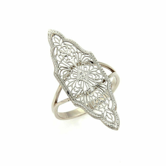 Art Deco 14k White Gold Migraine Filigree Long Shape Ring - Size 6.5