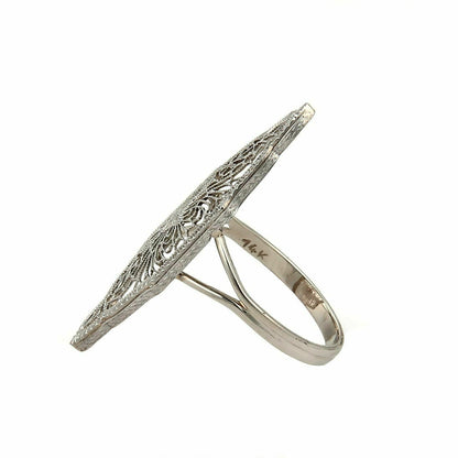 Art Deco 14k White Gold Migraine Filigree Long Shape Ring - Size 6.5