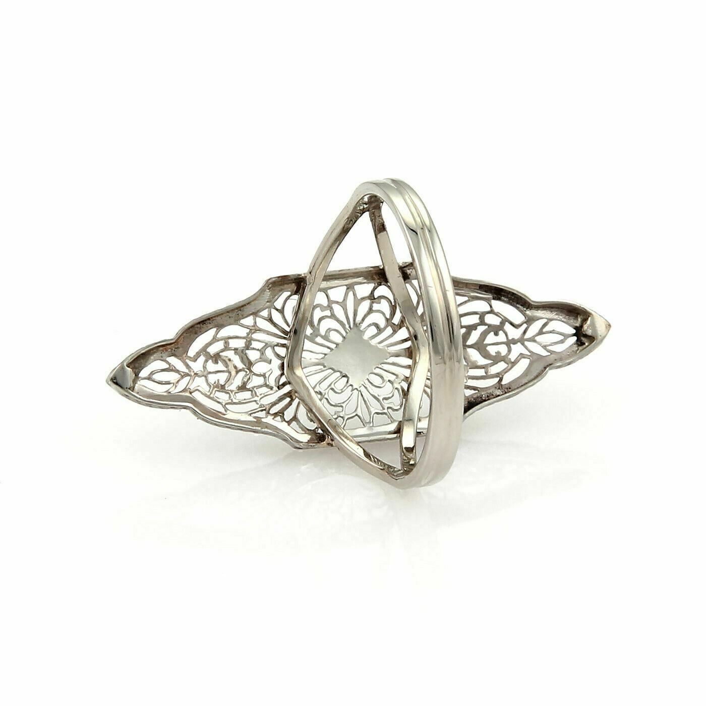 Art Deco 14k White Gold Migraine Filigree Long Shape Ring - Size 6.5