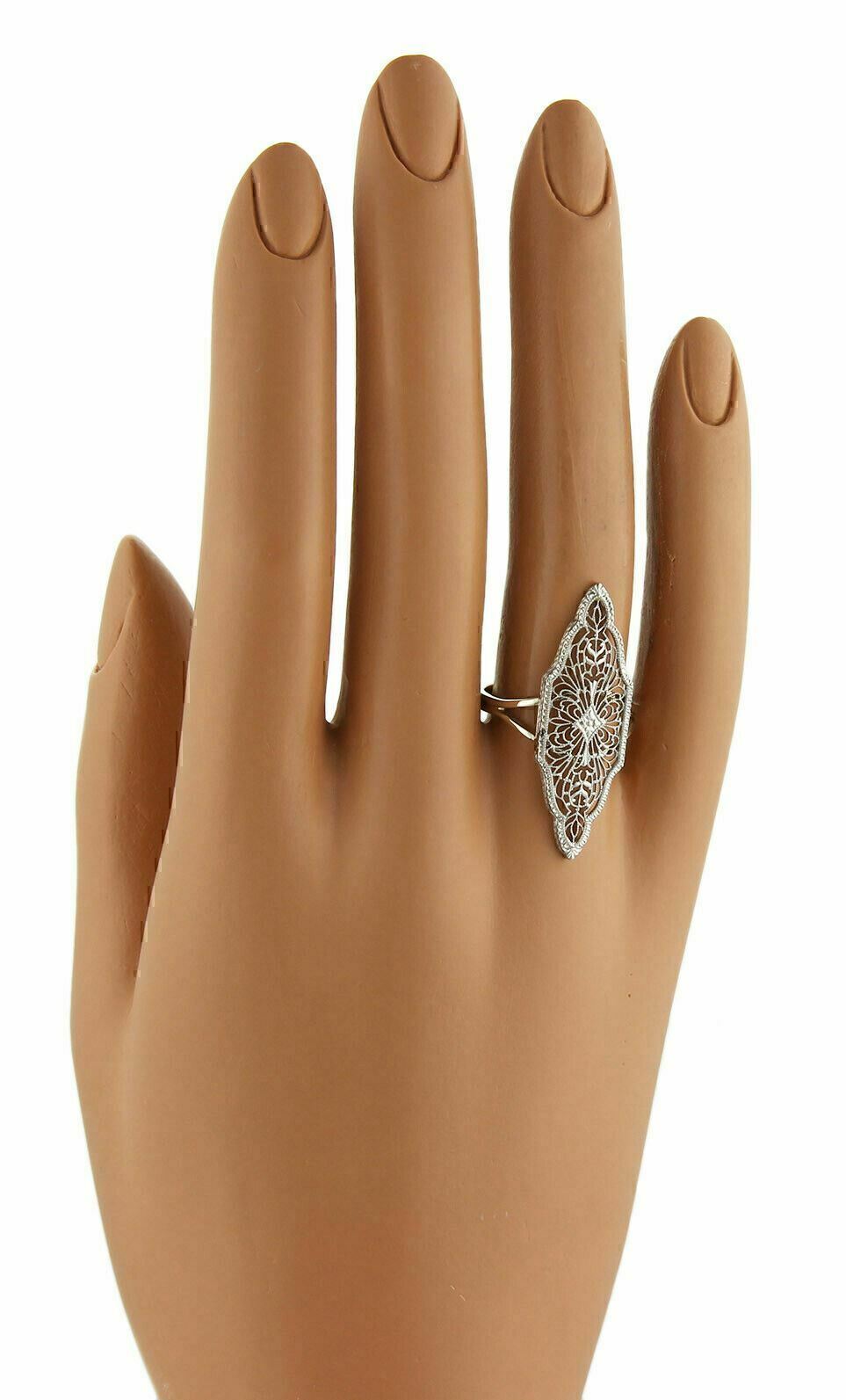 Art Deco 14k White Gold Migraine Filigree Long Shape Ring - Size 6.5