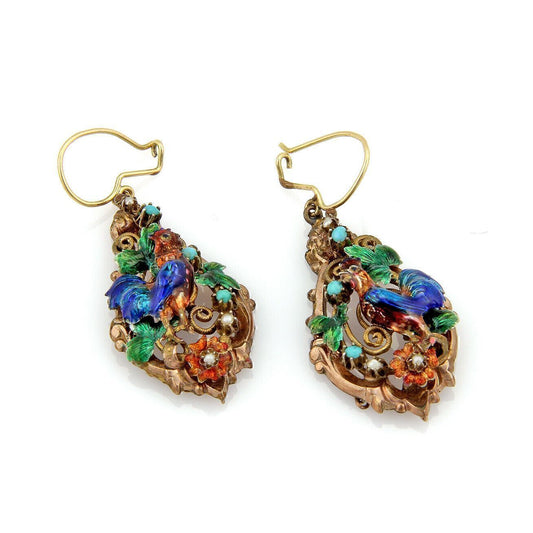 Antique 14k Gold & Silver Enamel Turquoise Rooster Dangle Earrings