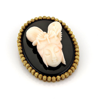 Angel Skin Coral Onyx 14k Yellow Gold Carved Quan Yin Pendant Pin Brooch