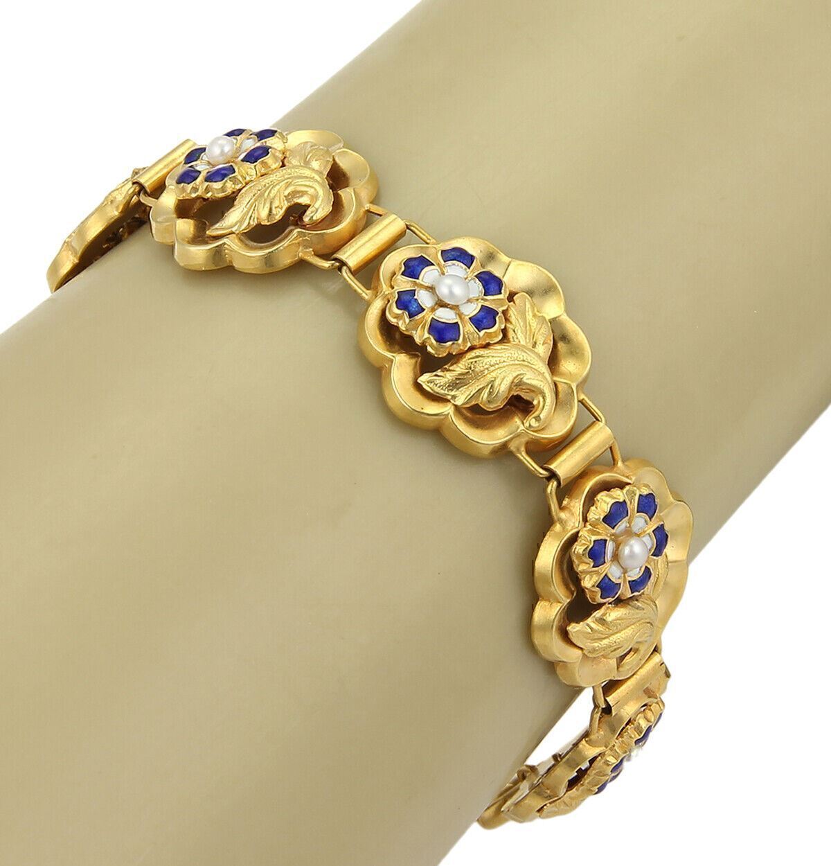 Antique Blue Enamel & Seed Pearl Rose 14k Yellow Gold Link Bracelet