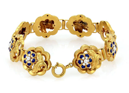 Antique Blue Enamel & Seed Pearl Rose 14k Yellow Gold Link Bracelet