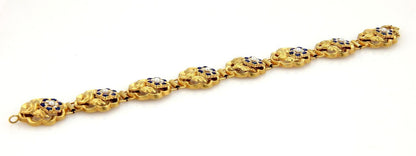 Antique Blue Enamel & Seed Pearl Rose 14k Yellow Gold Link Bracelet