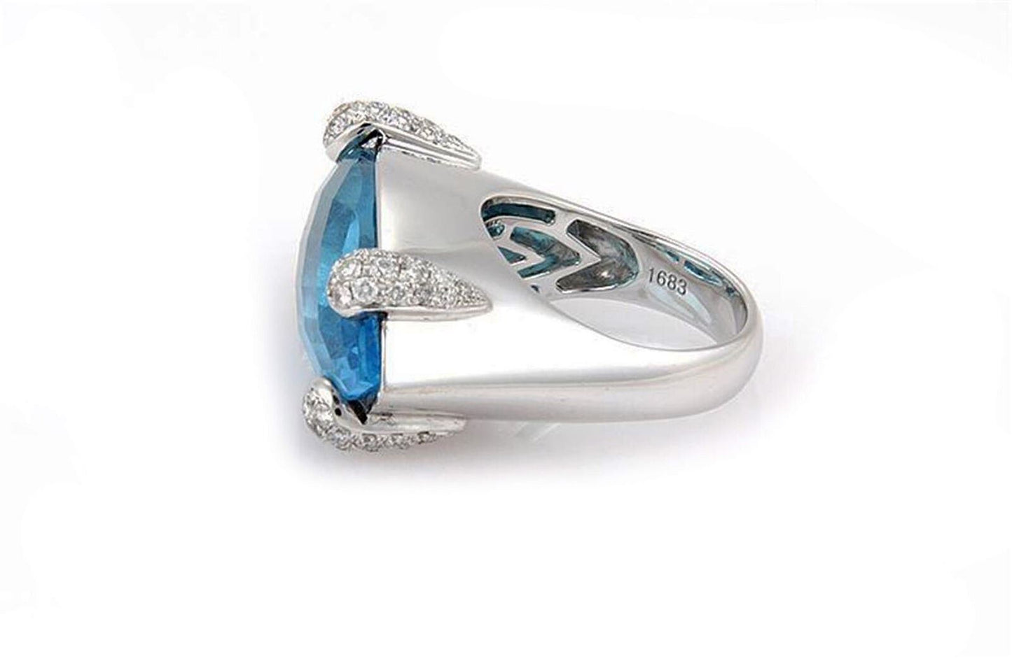 Marquise Shaped Blue Topaz & Diamond 18k White Gold BA Italy Ring - Size 6.5