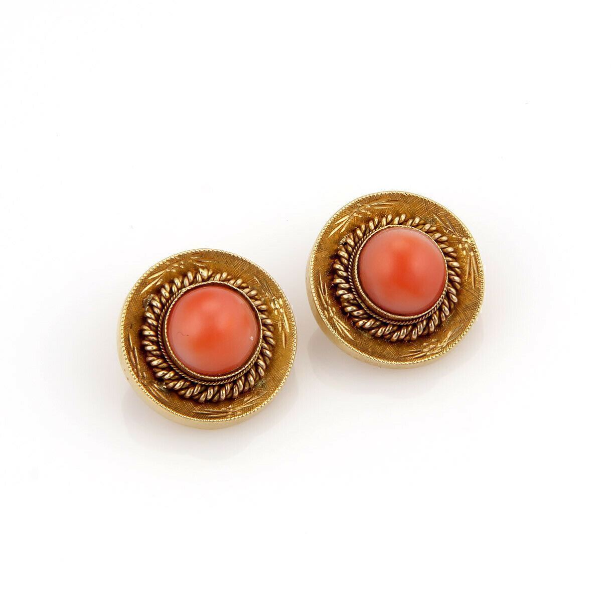 Coral Fancy Textured Button 18k Yellow Gold & Clip On Earrings