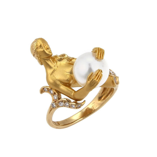 Carrera y Carrera Diamond Pearl 18k Yellow Gold Mermaid Ring - Size 5