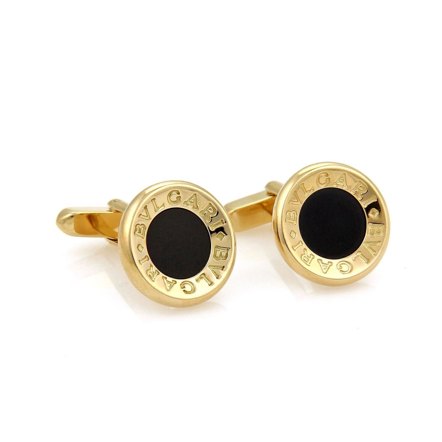 Bvlgari Signature Onyx Yellow Gold Concave Circle Cufflinks