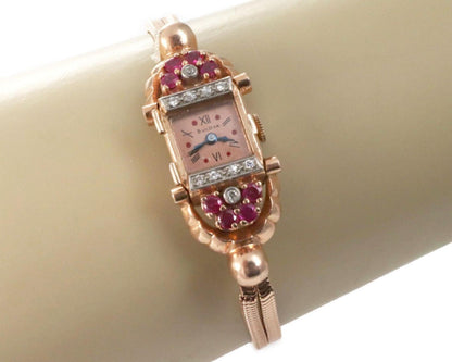 Retro Bulova 14k Rose Gold Diamond & Ruby Hand Wind Ladies Wrist Watch