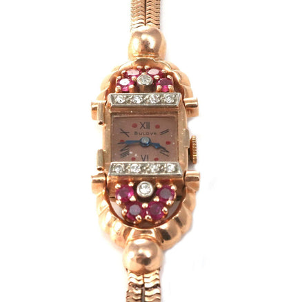 Retro Bulova 14k Rose Gold Diamond & Ruby Hand Wind Ladies Wrist Watch