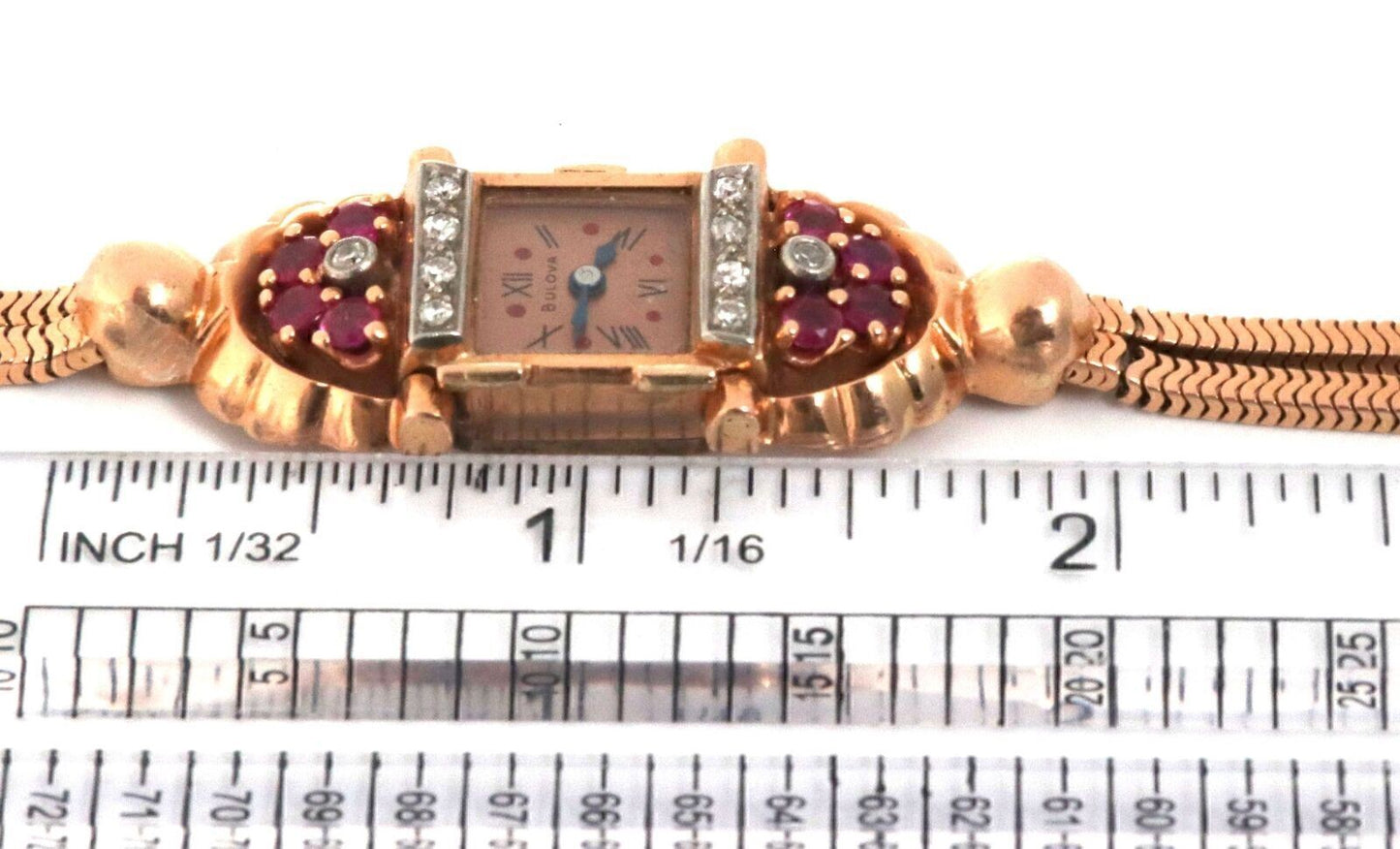 Retro Bulova 14k Rose Gold Diamond & Ruby Hand Wind Ladies Wrist Watch