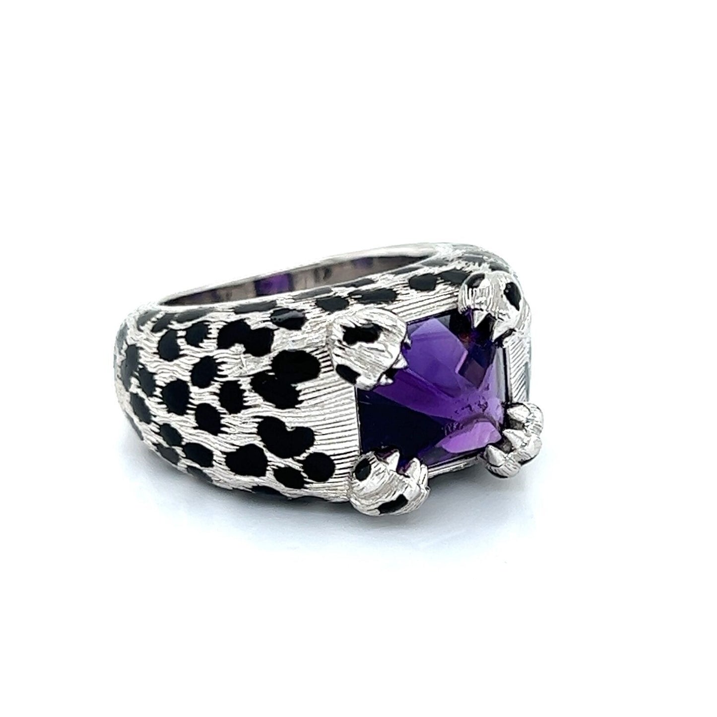 Christian Dior Leopard Amethyst Enamel Black Spots 18k White Gold Ring - Size 5.5