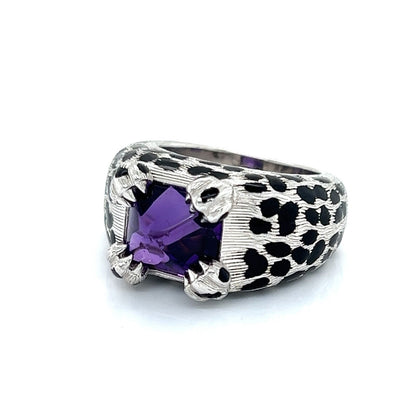 Christian Dior Leopard Amethyst Enamel Black Spots 18k White Gold Ring - Size 5.5