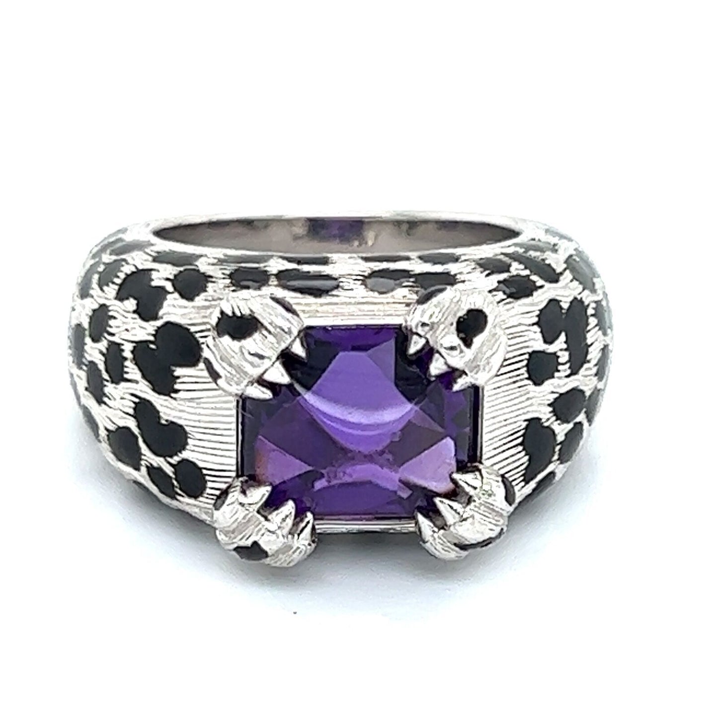 Christian Dior Leopard Amethyst Enamel Black Spots 18k White Gold Ring - Size 5.5