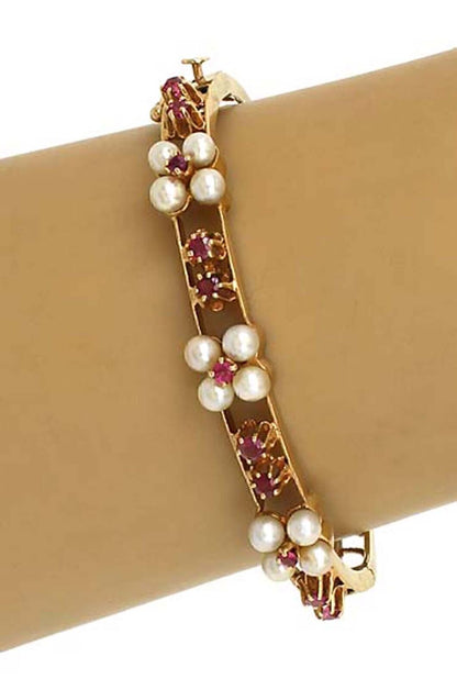 Ruby & Pearls 14k Yellow Gold Bangle Bracelet