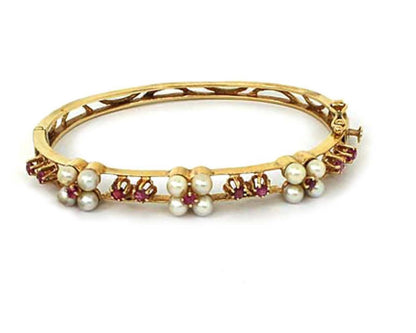 Ruby & Pearls 14k Yellow Gold Bangle Bracelet