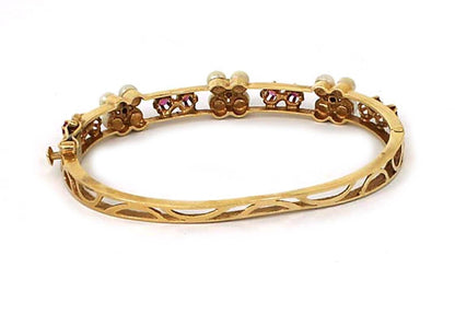 Ruby & Pearls 14k Yellow Gold Bangle Bracelet