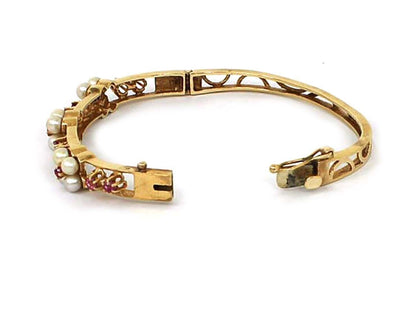 Ruby & Pearls 14k Yellow Gold Bangle Bracelet