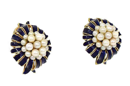 Pearls Cluster Blue Enamel 18k Yellow Gold Clip On Earrings