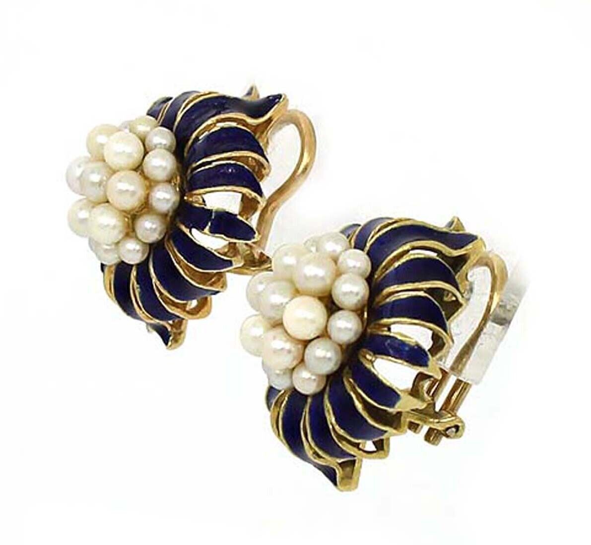 Pearls Cluster Blue Enamel 18k Yellow Gold Clip On Earrings