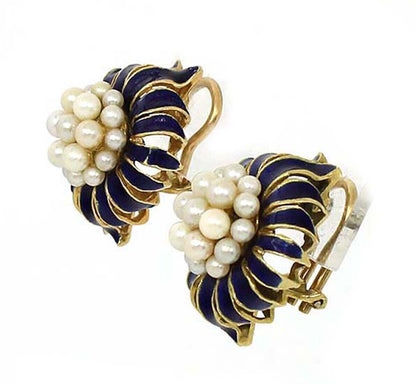 Pearls Cluster Blue Enamel 18k Yellow Gold Clip On Earrings