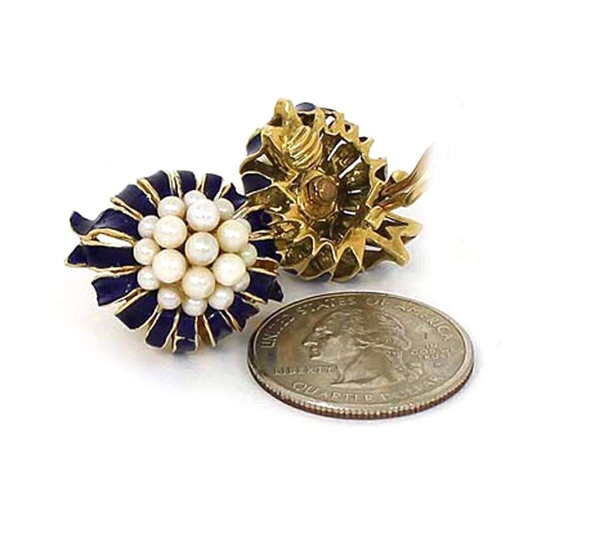 Pearls Cluster Blue Enamel 18k Yellow Gold Clip On Earrings