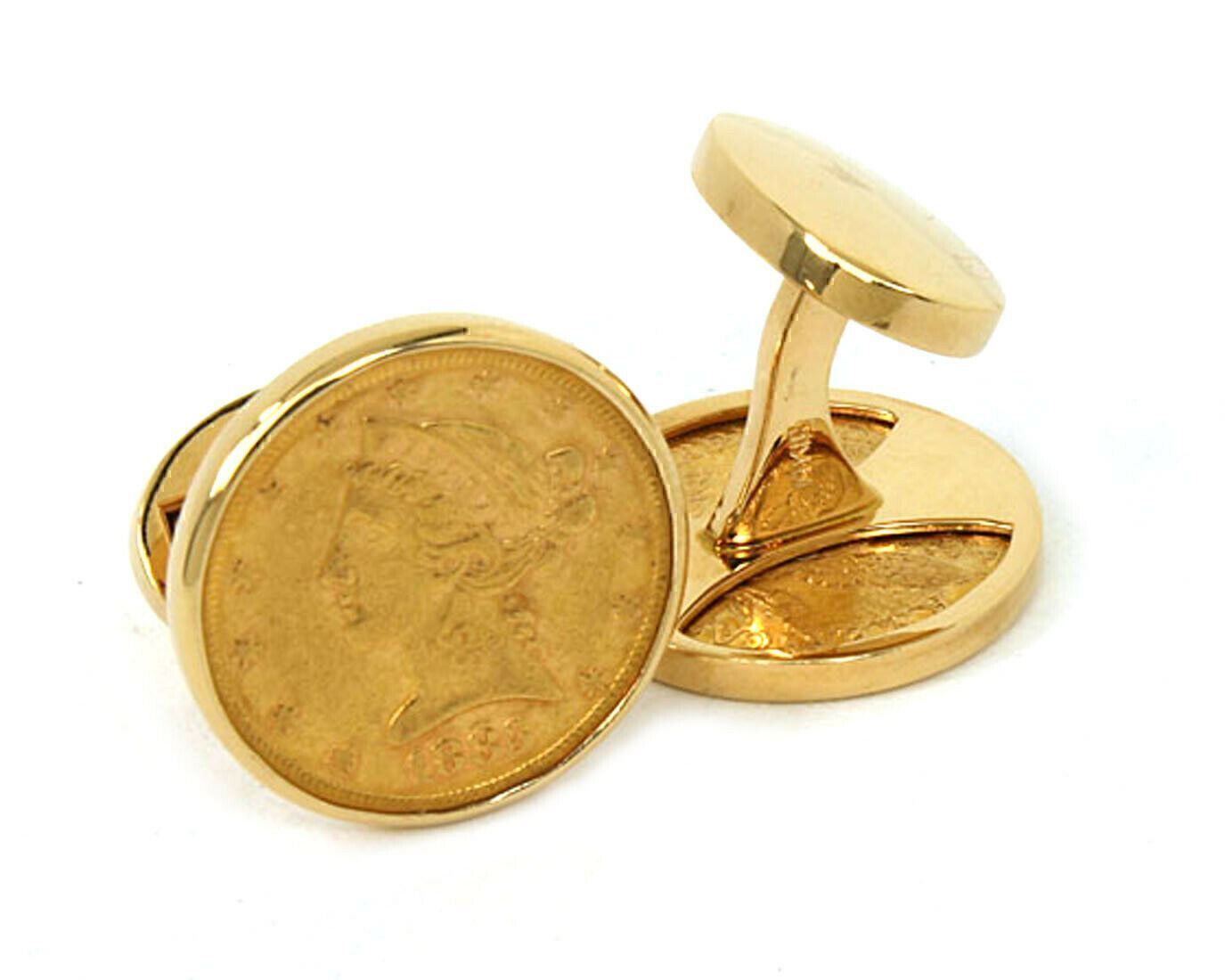 Pair of 22k Gold 1883 Coins Cufflinks in 14k Yellow Gold Round Frame