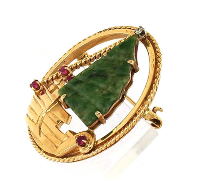 Diamond Jade & Ruby 14k Yellow Gold Sail Boat Round Pin Brooch