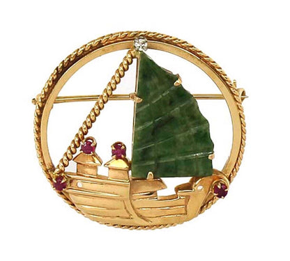 Diamond Jade & Ruby 14k Yellow Gold Sail Boat Round Pin Brooch