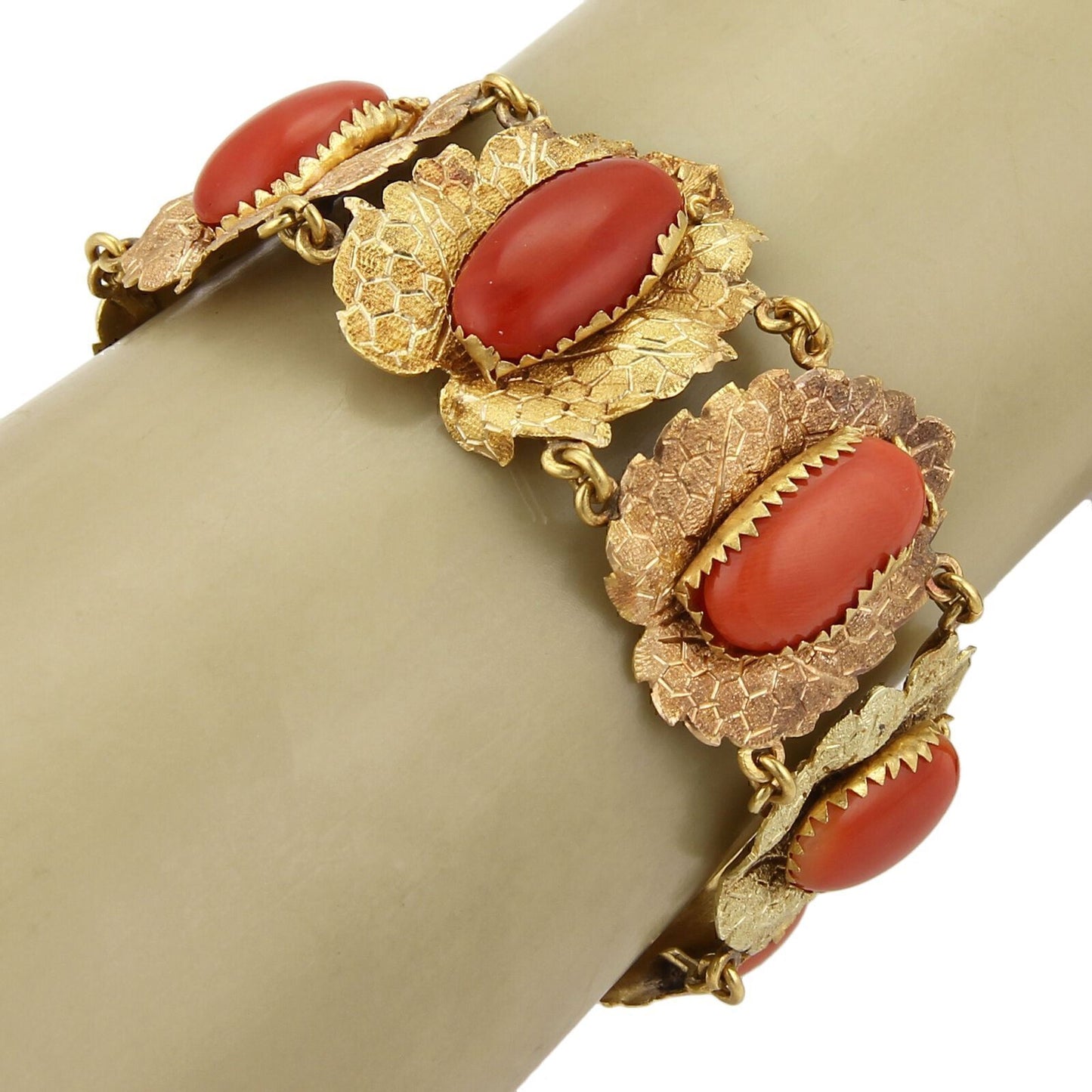 Cabochon Coral Textured Leaf 18k Two Tone Gold Link Bracelet