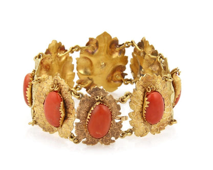 Cabochon Coral Textured Leaf 18k Two Tone Gold Link Bracelet