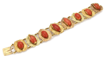 Cabochon Coral Textured Leaf 18k Two Tone Gold Link Bracelet