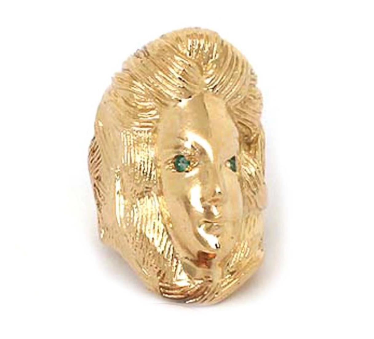 Large  14k Yellow Gold & Emerald Woman Face Ring - Size 6.5