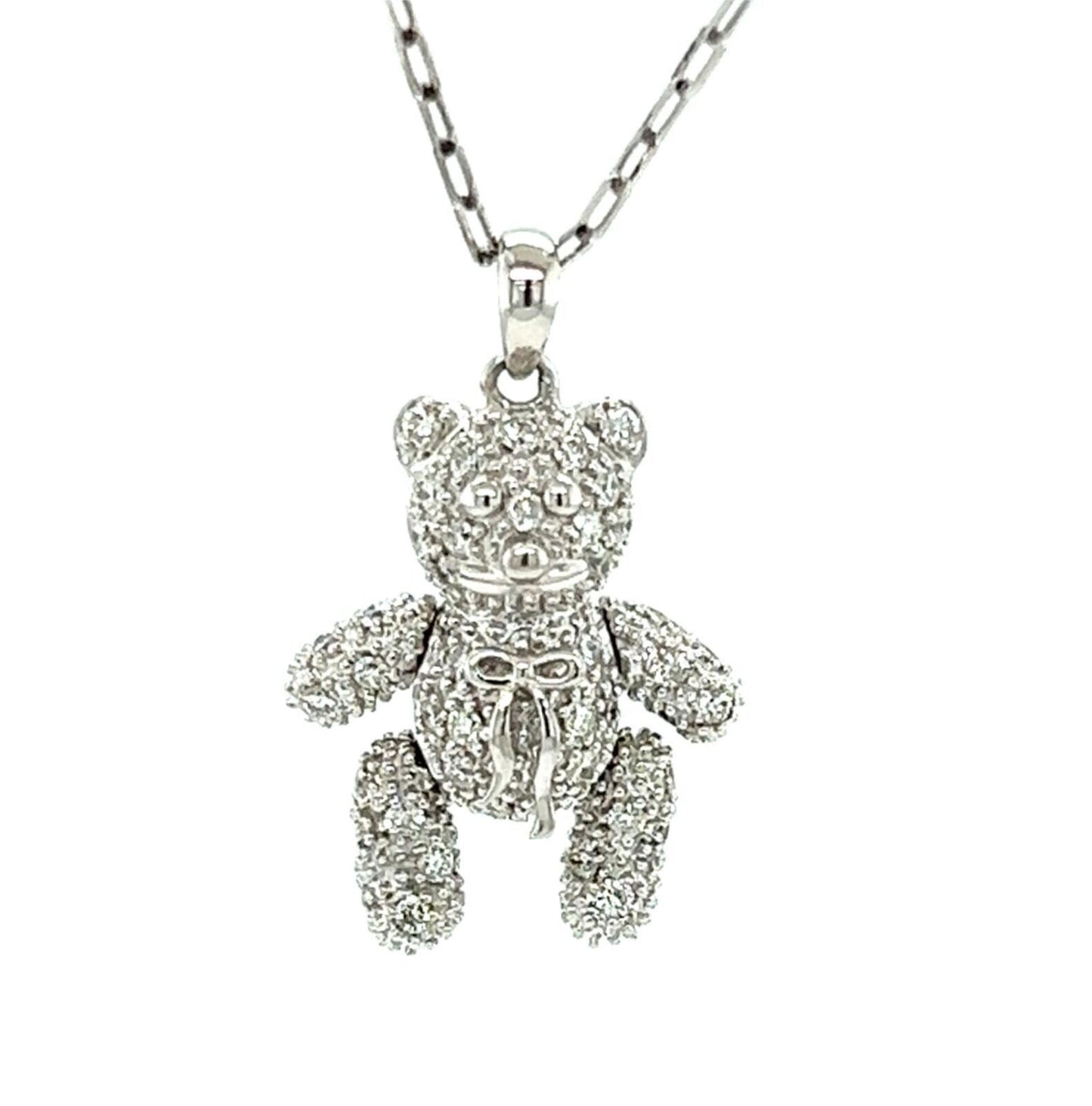 Movable Diamond 18k White Gold Teddy Bear Pendant Necklace