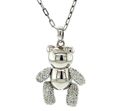 Movable Diamond 18k White Gold Teddy Bear Pendant Necklace