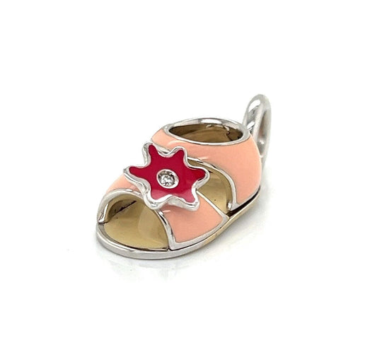 Aaron Basha Diamond 18k White Gold Pink Baby Sandal & Red Flower Charm Pendant