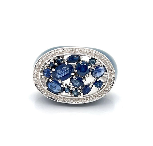 Blue Sapphires & Blue Enamel 14k White Gold Top Ring - Size 7