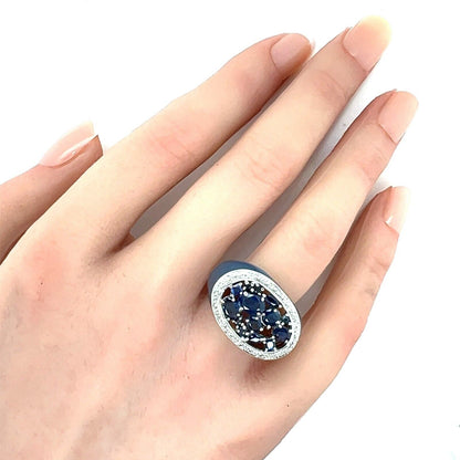 Blue Sapphires & Blue Enamel 14k White Gold Top Ring - Size 7