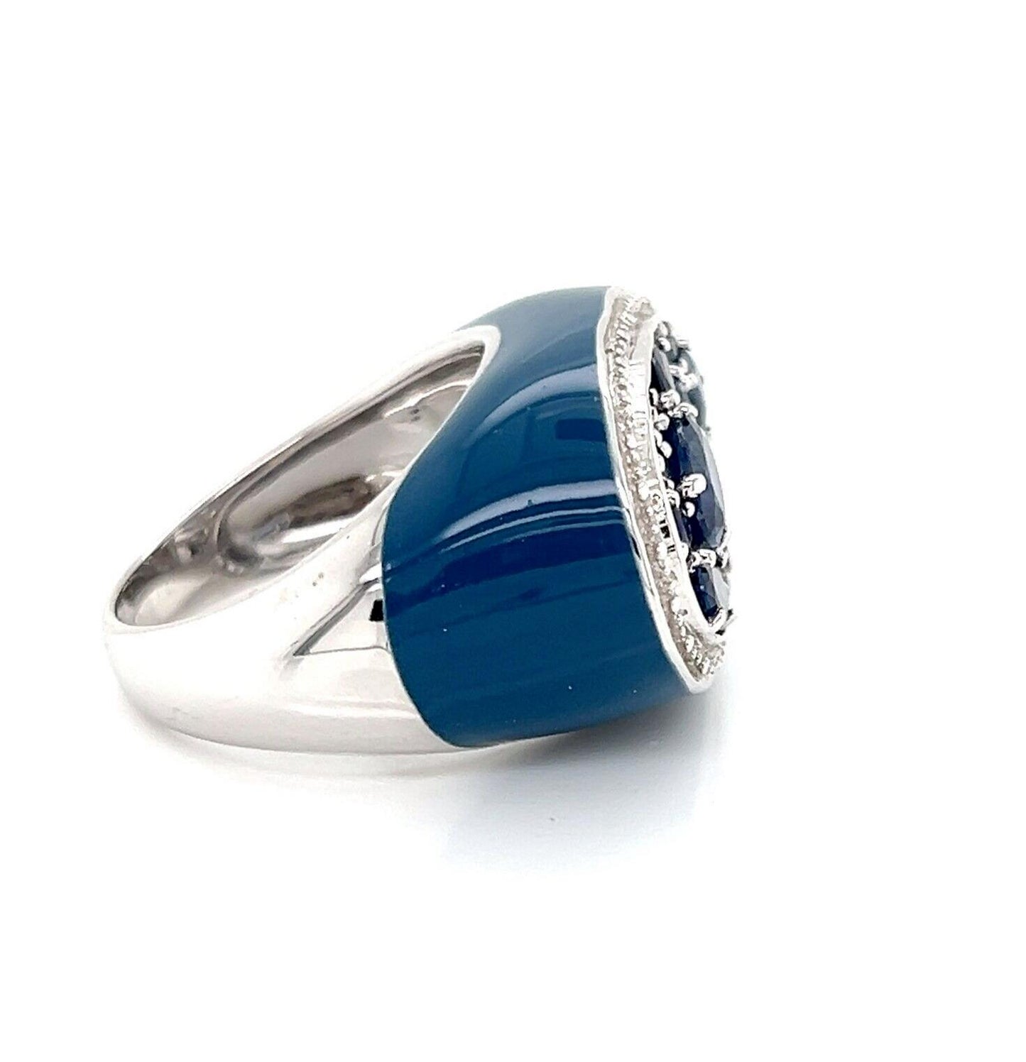 Blue Sapphires & Blue Enamel 14k White Gold Top Ring - Size 7