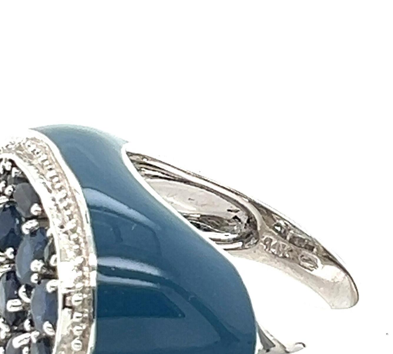 Blue Sapphires & Blue Enamel 14k White Gold Top Ring - Size 7