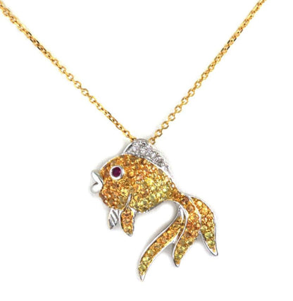 Diamond & Sapphire Fish 14k Two Tone Gold Pendant Necklace