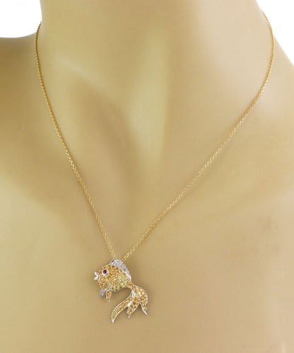 Diamond & Sapphire Fish 14k Two Tone Gold Pendant Necklace