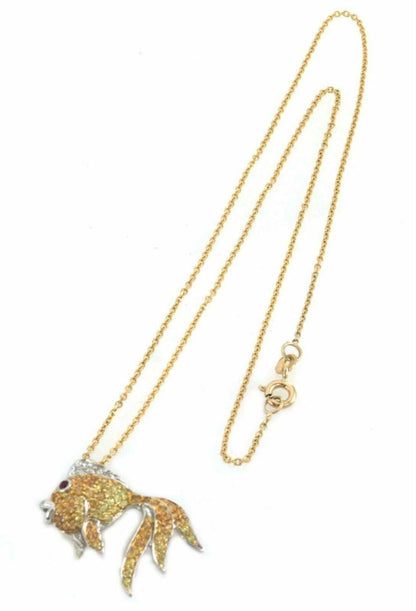 Diamond & Sapphire Fish 14k Two Tone Gold Pendant Necklace